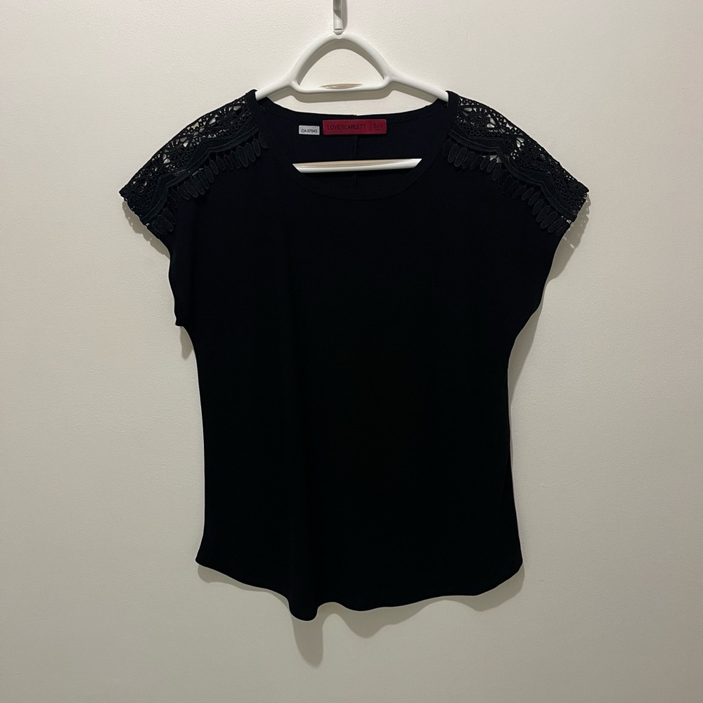 2/$20 - Love Scarlett Black Dressy Short sleeved Blouse / Tshirt -lace shoulders